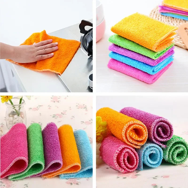 Bamboo Fiber Towel Kitchen Efficient  Anti-grease Cleaning Cloth Household Wiping Rag  Household Cleaning Tools Six Colors