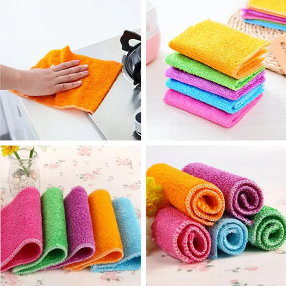 Bamboo Fiber Towel Kitchen Efficient  Anti-grease Cleaning Cloth Household Wiping Rag  Household Cleaning Tools Six Colors