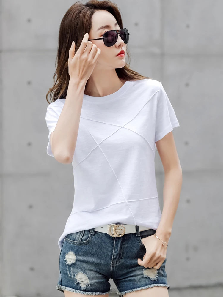 Fashion Spring Summer Slim Bamboo Cotton T-Shirts Women O-Neck Short Sleeve Korean Ribbed T Shirt Female Casual Solid Tops