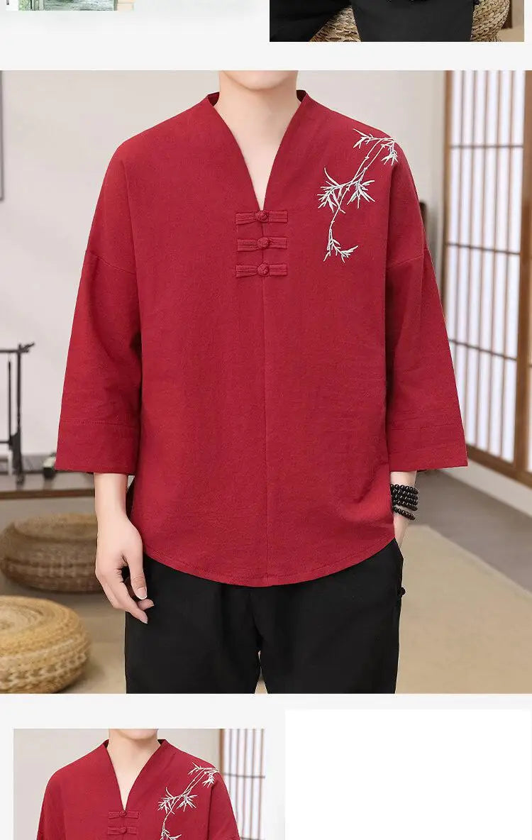 Men's Stylish Loose-Fit Bamboo Leaf Embroidered Zen Robe Traditional Chinese Kung Fu Meditation Breathable Elegant Clothing