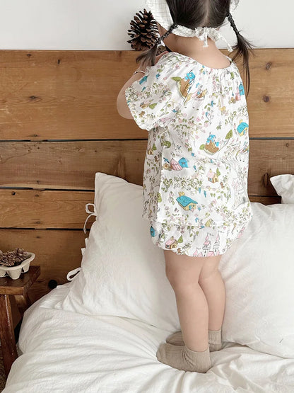 Summer Bamboo Cotton Breathable Kids Girls 2pcs Suit Full Print Cartoon Print T-shirt and Shorts Cool Girls Sets Clothing