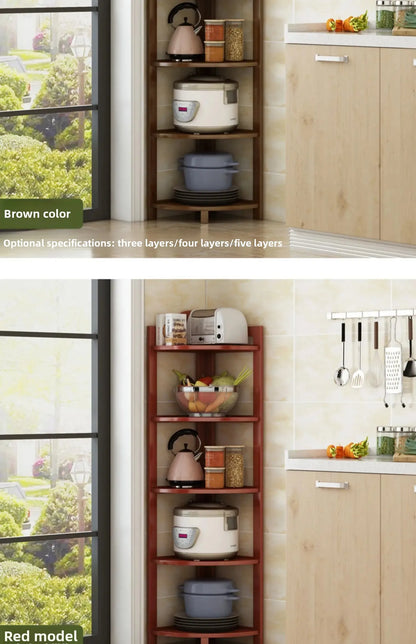 Kitchen Corner Bamboo Rack, Multi-Tier Storage Organizer, Freestanding Bookshelf for Cooking Utensils or Pantry Supplies
