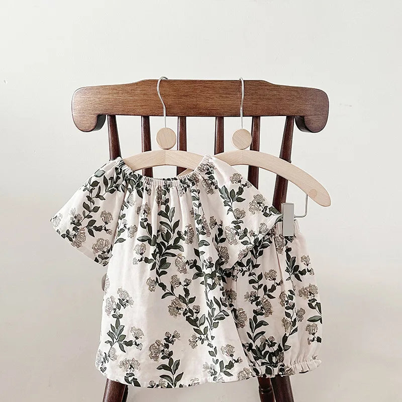 Summer Bamboo Cotton Breathable Kids Girls 2pcs Suit Full Print Cartoon Print T-shirt and Shorts Cool Girls Sets Clothing