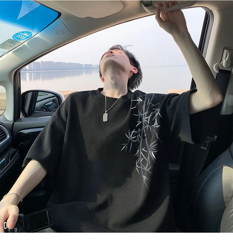 Men's Oversized Bamboo T-shirt Loose Printed Tops Cotton Tshirts Breathable Casual Short Sleeve Tees Streetwear Men Clothing