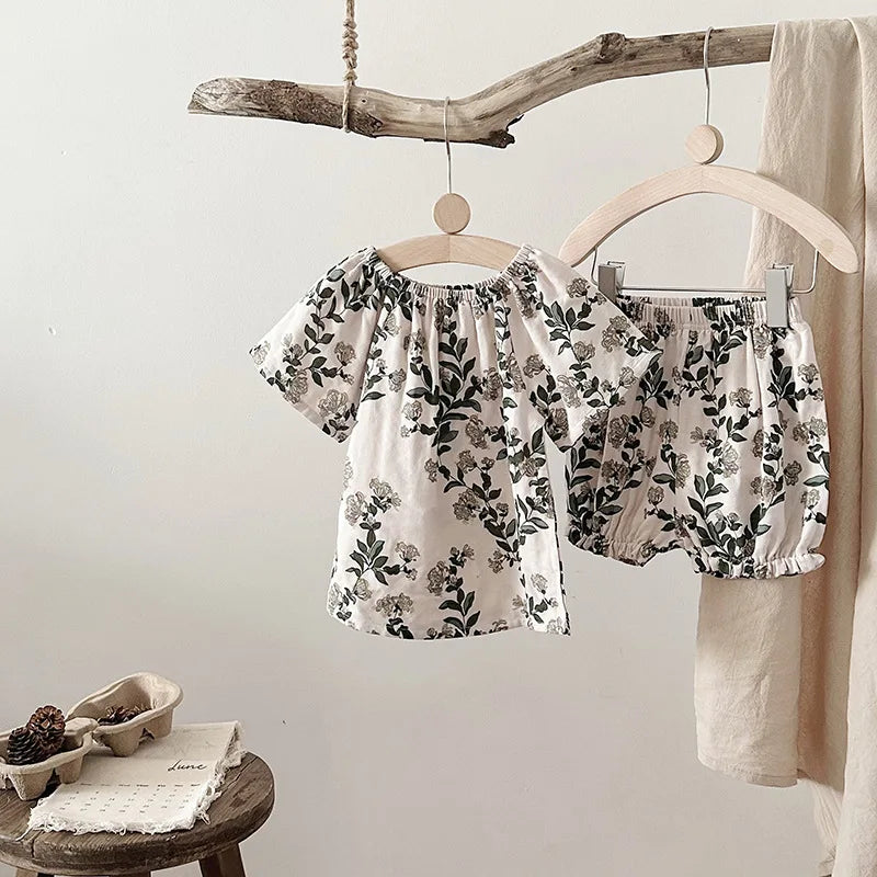 Summer Bamboo Cotton Breathable Kids Girls 2pcs Suit Full Print Cartoon Print T-shirt and Shorts Cool Girls Sets Clothing