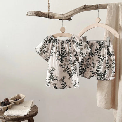 Summer Bamboo Cotton Breathable Kids Girls 2pcs Suit Full Print Cartoon Print T-shirt and Shorts Cool Girls Sets Clothing