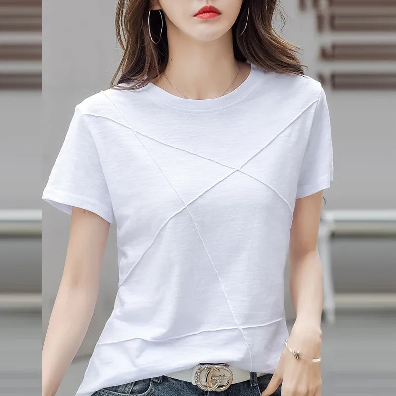 Fashion Spring Summer Slim Bamboo Cotton T-Shirts Women O-Neck Short Sleeve Korean Ribbed T Shirt Female Casual Solid Tops