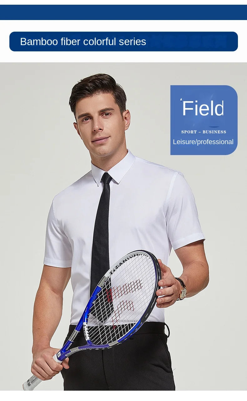 Bamboo Fiber Men Short Stretch Solid Dress Shirts Regular Fit Formal Business Social Camisas Short Sleeve Bamboo Fiber