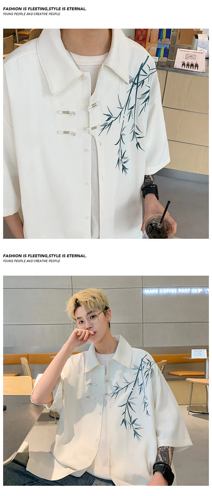 Bamboo Embroidery Shirts Men Summer Male Handsome Chic Fashion Ins High Street Half-sleeve Cool Casual Baggy New Shirt 5XL-M