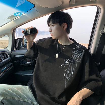 Men's Oversized Bamboo T-shirt Loose Printed Tops Cotton Tshirts Breathable Casual Short Sleeve Tees Streetwear Men Clothing