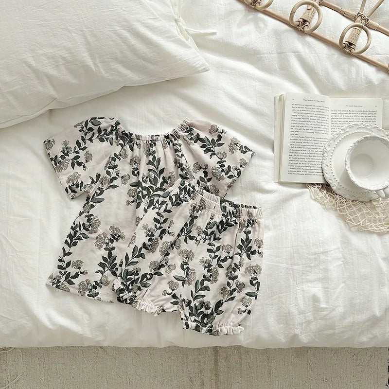 Summer Bamboo Cotton Breathable Kids Girls 2pcs Suit Full Print Cartoon Print T-shirt and Shorts Cool Girls Sets Clothing