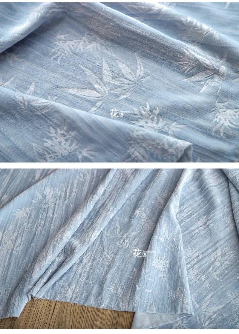 Blue bamboo forest, velvet embossed polyester jacquard cloth, pleated relief Chinese style cheongsam clothing designer fabric