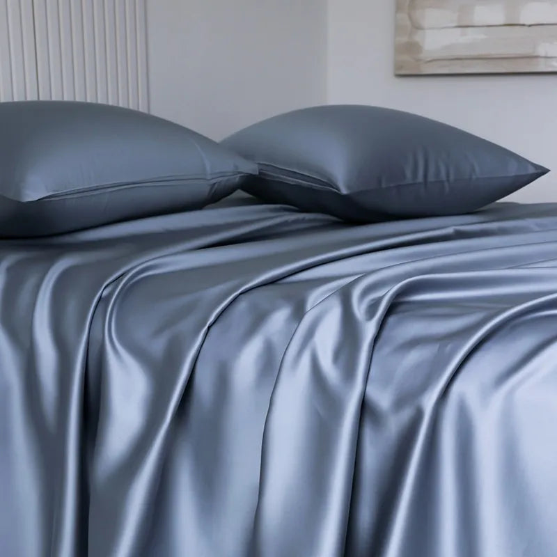100%Organic Eucalyptus Plain Blue Flat Bed Sheets Lyocell Silky Soft Smooth Breathable Gentle to Skin Pillow shams