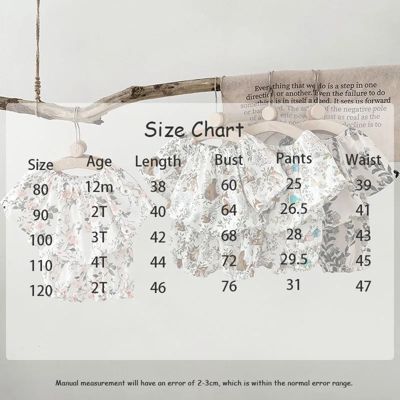 Summer Bamboo Cotton Breathable Kids Girls 2pcs Suit Full Print Cartoon Print T-shirt and Shorts Cool Girls Sets Clothing