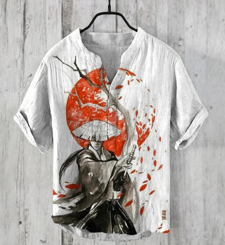 Men's and women's spring and summer cartoon characters bamboo linen loose V-neck short sleeve 2024 cheap and affordable T-shirt