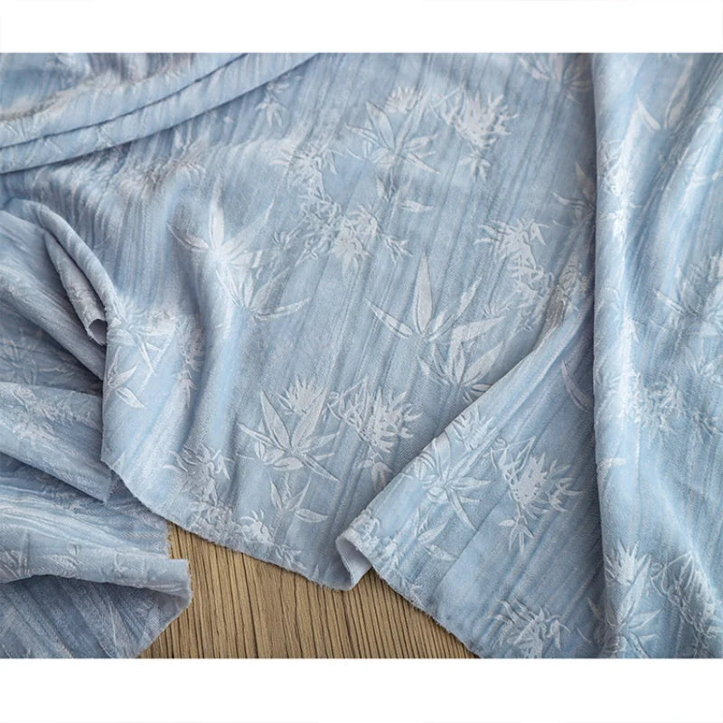 Blue bamboo forest, velvet embossed polyester jacquard cloth, pleated relief Chinese style cheongsam clothing designer fabric