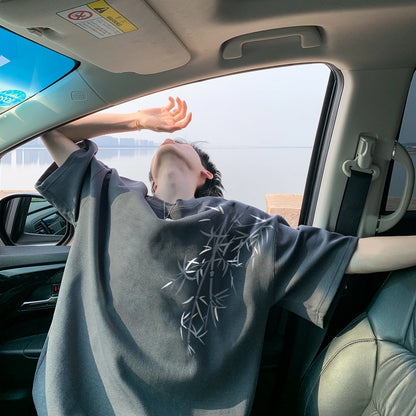 Men's Oversized Bamboo T-shirt Loose Printed Tops Cotton Tshirts Breathable Casual Short Sleeve Tees Streetwear Men Clothing