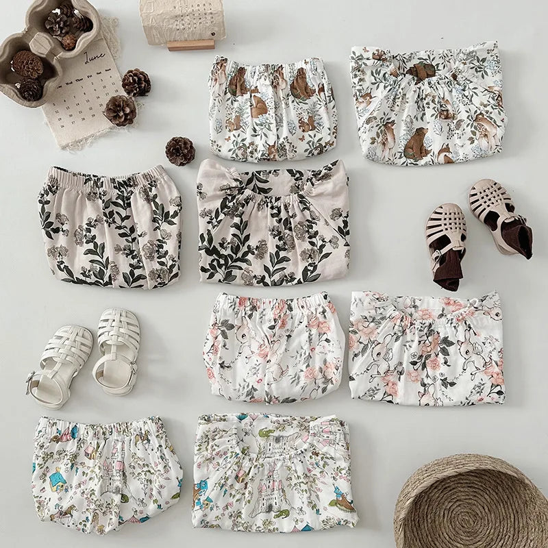 Summer Bamboo Cotton Breathable Kids Girls 2pcs Suit Full Print Cartoon Print T-shirt and Shorts Cool Girls Sets Clothing