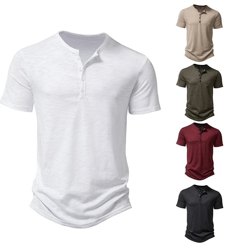 Bamboo Fiber T Shirt Men Casual High Quality Summer Short Sleeve Henley Neck Mens T Shirts Fashion Basic T-shirt Male