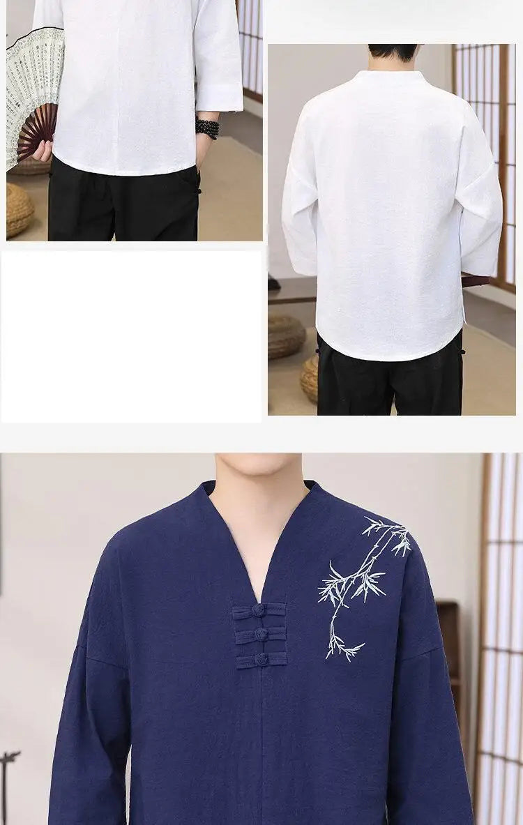 Men's Stylish Loose-Fit Bamboo Leaf Embroidered Zen Robe Traditional Chinese Kung Fu Meditation Breathable Elegant Clothing
