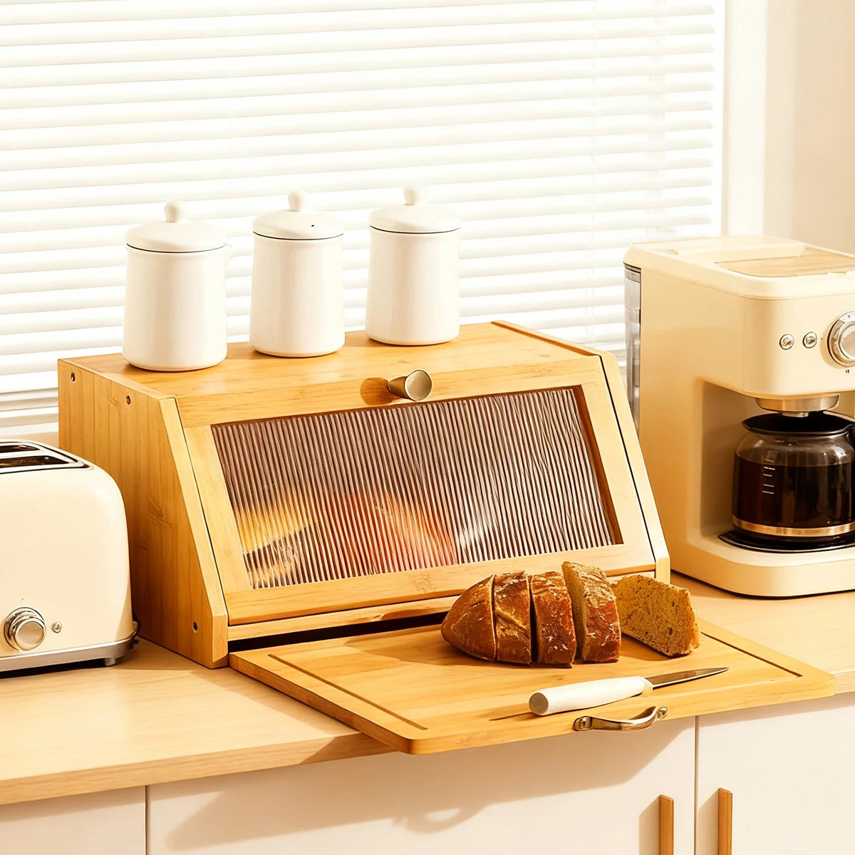 Bamboo Bread Box Cutting Board Combo, Large Capacity Kitchen Corner Organizer for Pantry Storage