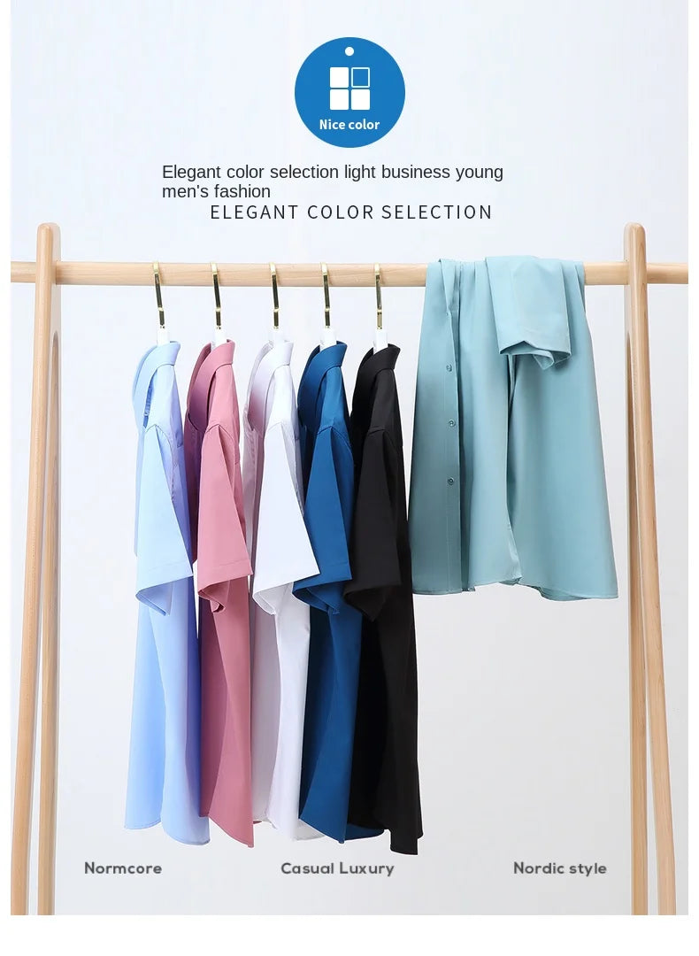 Bamboo Fiber Men Short Stretch Solid Dress Shirts Regular Fit Formal Business Social Camisas Short Sleeve Bamboo Fiber