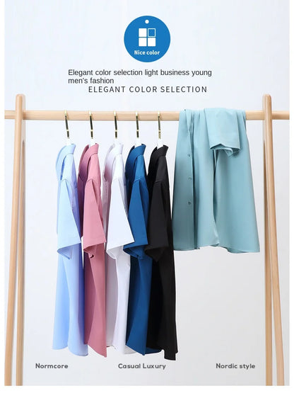 Bamboo Fiber Men Short Stretch Solid Dress Shirts Regular Fit Formal Business Social Camisas Short Sleeve Bamboo Fiber