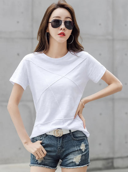 Fashion Spring Summer Slim Bamboo Cotton T-Shirts Women O-Neck Short Sleeve Korean Ribbed T Shirt Female Casual Solid Tops